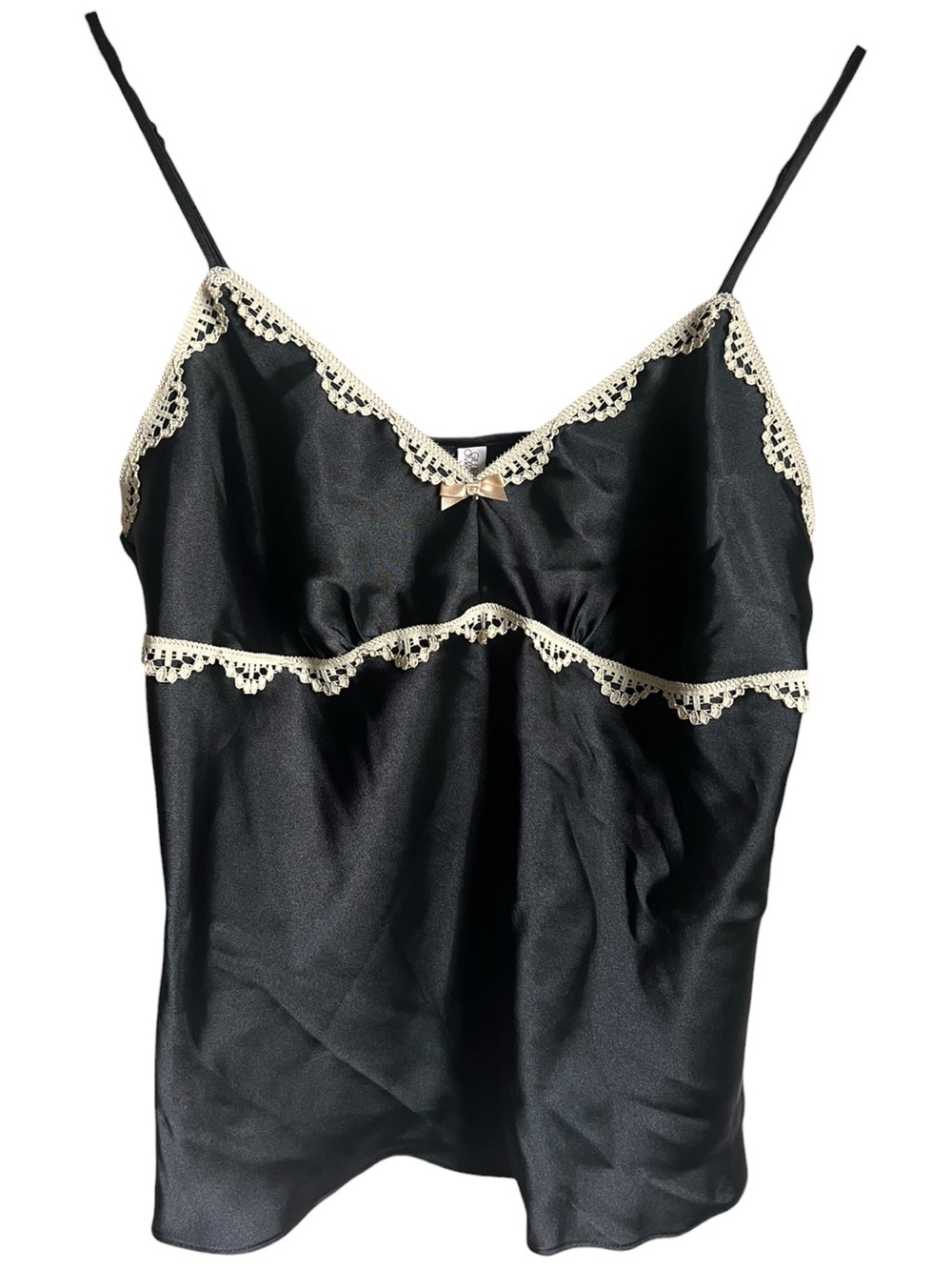 Gilligan O’Malley Sz Large Black Satin Lace Trim Cami Babydoll Top Coquette Y2K